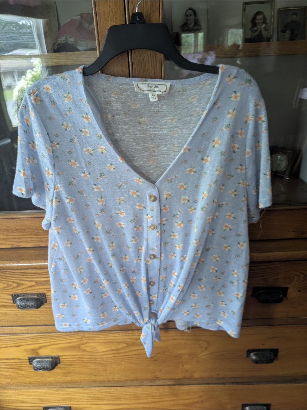 Hippie Rose Light Blue Floral Tie-Front Button Short Sleeve Top